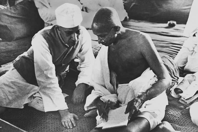 Mahatma Gandhi and Pandit Jawaharlal Nehru during the All India Conference Committee Session, 1942, when the "Quit India" Resolution was adopted.