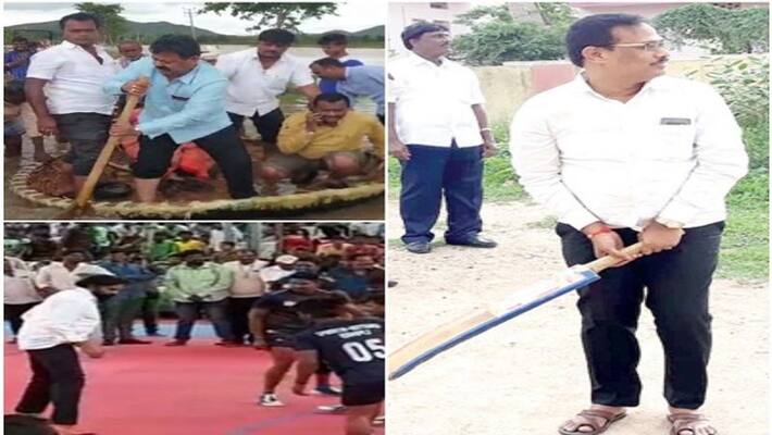 Flood In Karnataka Raichur MLA Shivaraj patil playing cricket Flood In Karnataka Raichur MLA Shivaraj patil playing cricket