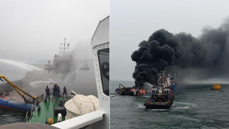 visakhapatnam fire in Offshore Support Vessel Coastal Jaguar crew member jumped into water