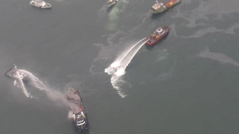 visakhapatnam fire in Offshore Support Vessel Coastal Jaguar crew member jumped into water