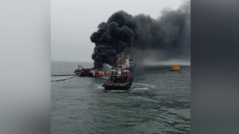 visakhapatnam fire in Offshore Support Vessel Coastal Jaguar crew member jumped into water