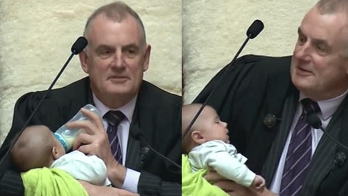 New Zealand Speaker Cradling and Feeding Baby...Parliament Session