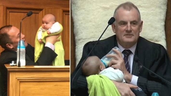 New Zealand Speaker Cradling and Feeding Baby...Parliament Session