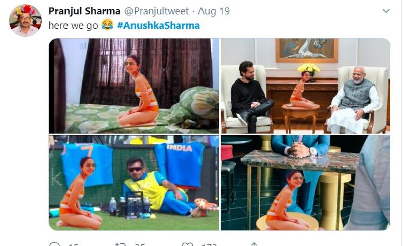এছাড়া কারো বা বাড়ির বিছানায়, ক্রিকেটের ময়দানে বা নরেন্দ্র মোদির টেবিলের সামনে ও অনুষ্কার বিকিনি পরা ছবিটি ভাইরাল হয়। প্রঞ্জুল শর্মা নামের একজনের টুইটার হ্যান্ডেল থেকে ছবিটি ভাইরাল হয়।