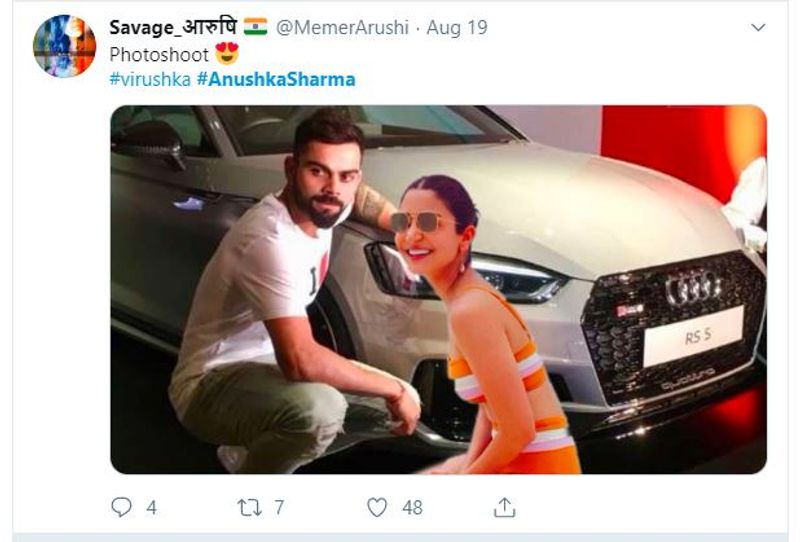 বিরাটের সঙ্গে গাড়ির সামনে বসা একটি ছবি নিয়েও ব্যঙ্গ করা হয় স্যোশাল মিডিয়ায়। স্যাভেজ আরুষি নামের একটি প্রোফাইলে পাওয়া যায় মেমেটি।