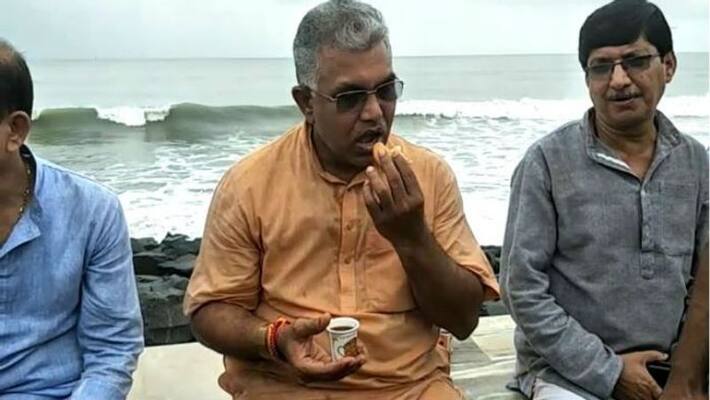BJP state president Dilip Ghosh enjoys tea at Digha sea beach BJP state president Dilip Ghosh enjoys tea at Digha sea beach