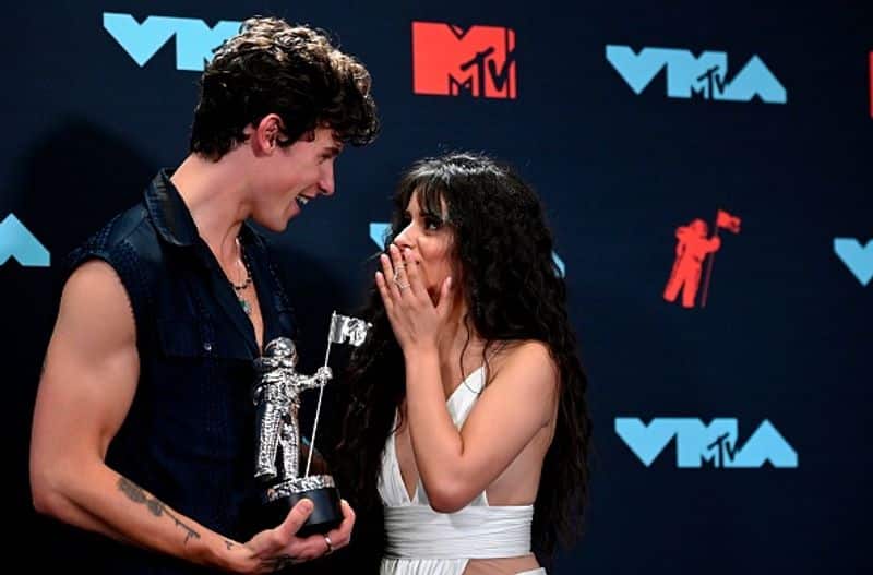 Singers Shawn Mendes and Camila Cabello pose in the Press Room during the 2019 MTV Video Music Awards at Prudential Center on August 26, 2019 in Newark, New Jersey.