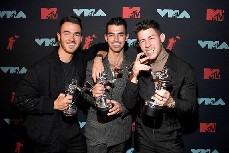 Kevin Jonas, Joe Jonas and Nick Jonas attend the 2019 MTV Video Music Awards at Prudential Center on August 26, 2019 in Newark, New Jersey.
