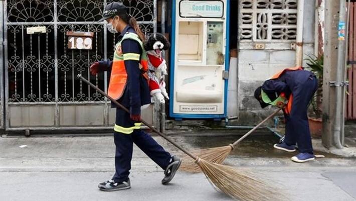 Bangkok female sweeper carries dog to work became viral Bangkok female sweeper carries dog to work became viral