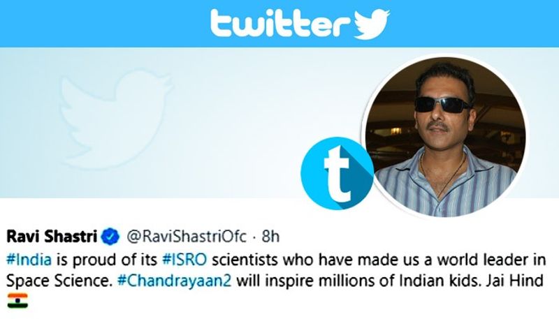 ভারতীয় দলের কোচ রবি শাস্ত্রীর টুইট, ইসরোর বৈজ্ঞানীকদের কুর্নিশ, ভারতকে তাঁরা বিশ্বের অন্যতম শক্তিশালী মহাকাশ বিজ্ঞানের কেন্দ্র হিসেবে গড়ে তুলতে পেরেছেন। দেশের আগামী প্রজন্মকে এই চন্দ্র অভিযান অনুপ্রেরণা দেবে।