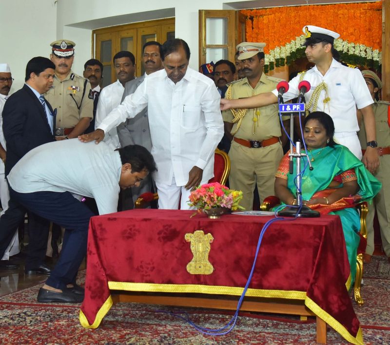 kcr expands cabinet inducts ktr, harish rao