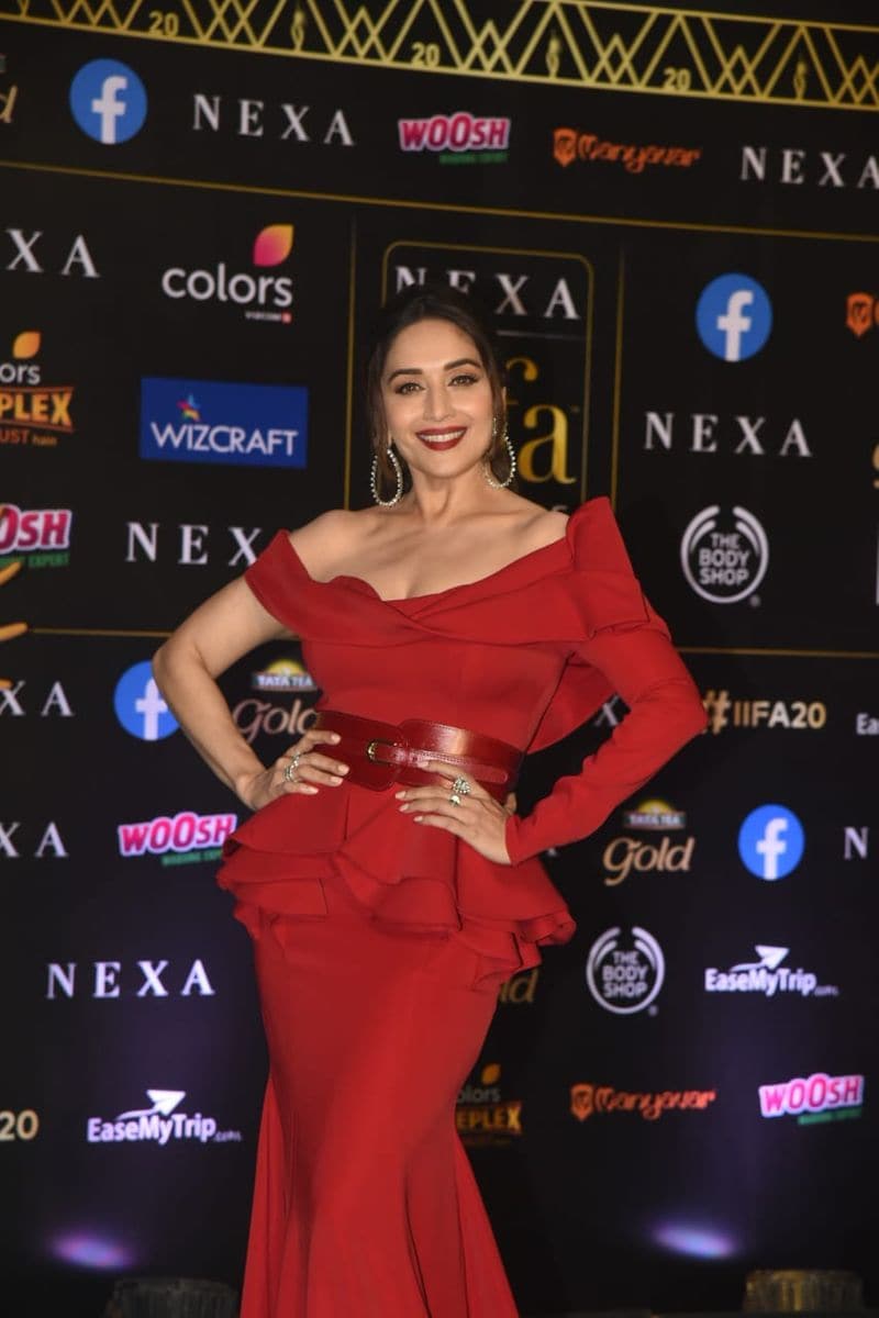 Madhuri Dixit rocked in a stunning red dress coupled with hoop earrings