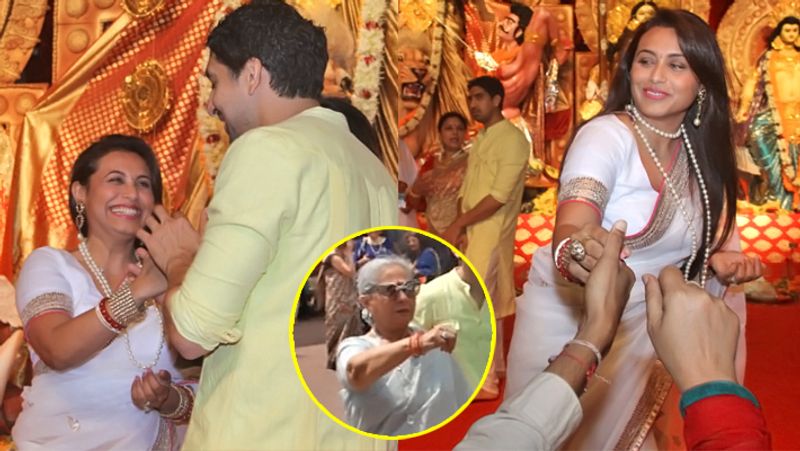 दुर्गा पूजा पंडाल में चचेरे भाई अयान मुखर्जी के साथ रानी मुखर्जी। इनसेट- जया बच्चन।