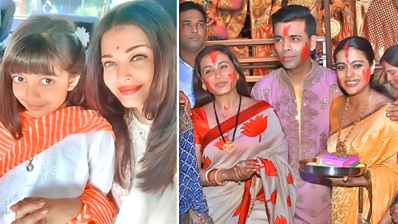 दशहरे के मौके पर बेटी आराध्या के साथ ऐश्वर्या राय। दूसरी ओर सिंदूर खेला के दौरान काजोल और रानी मुखर्जी के साथ करन जौहर।