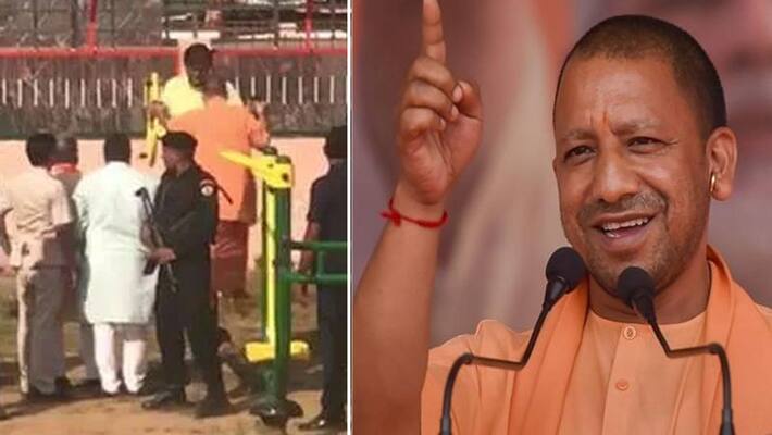cm yogi adityanath exercise in open jim during haryana election campaign cm yogi adityanath exercise in open jim during haryana election campaign