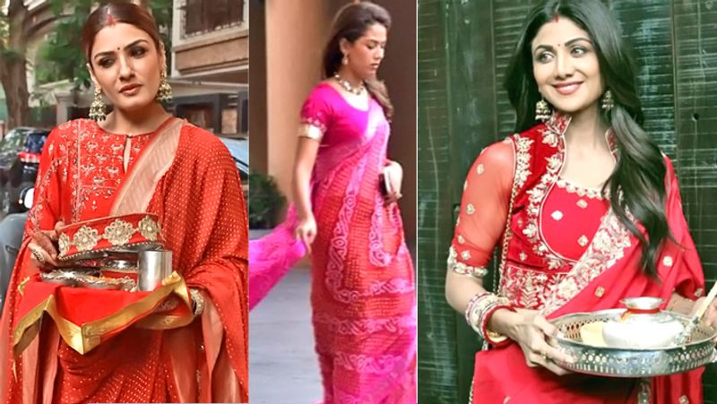 करवा चौथ पर अनिल कपूर के घर पूजा करने पहुंचीं रवीना टंडन और शिल्पा शेट्टी। शाहिद कपूर की पत्नी मीरा भी पिंक कलर की साड़ी में नजर आईं।