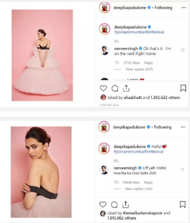 Deepika Padukone posts pics and ranveer comments it