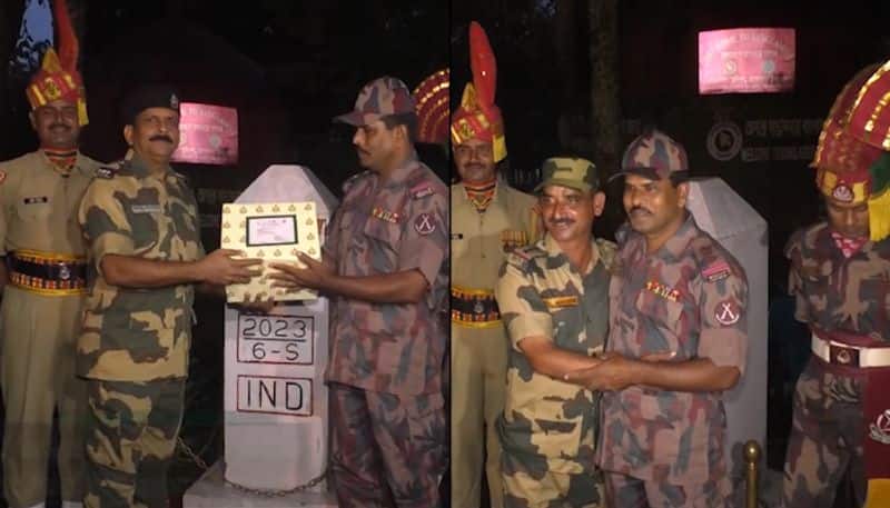 Siliguri: BSF, Bangladesh troops exchange sweets at Indo-Bangladesh border on Diwali