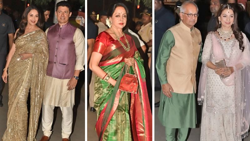 अमिताभ बच्चन की दिवाली पार्टी में पति के साथ पहुंचीं माधुरी दीक्षित। जूही चावला भी पति जय मेहता के साथ आईं नजर। वहीं हेमा मालिनी अकेले ही दिखीं।