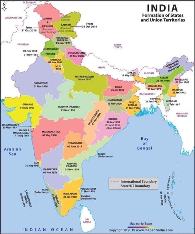 Map of India after Bifurcation of the Erstwhile State of Jammu and Kashmir