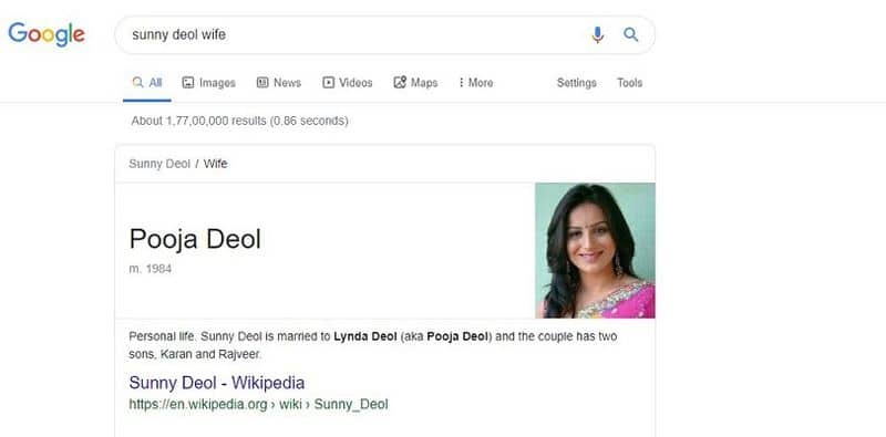 oops google confused shows pooja gandhi photo as sunny deol wife