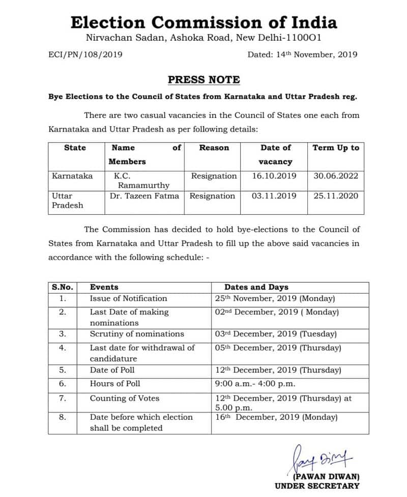 election-commission announces Karnataka And UP Rajya Sabha By Election Date