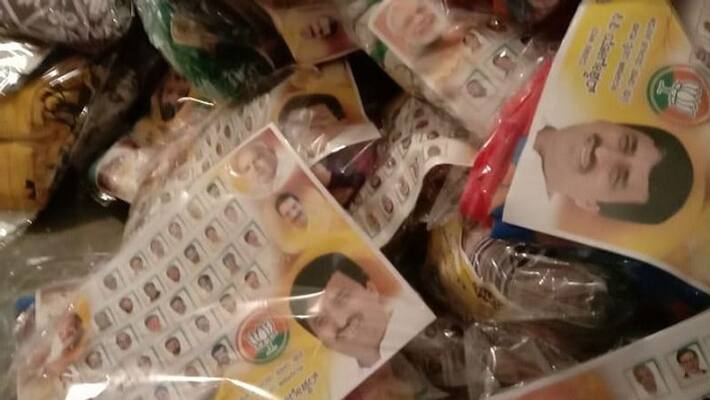 30 thousand sarees with C P Yogeeshwaras photo seized by election officers in hunsur 30 thousand sarees with C P Yogeeshwaras photo seized by election officers in hunsur