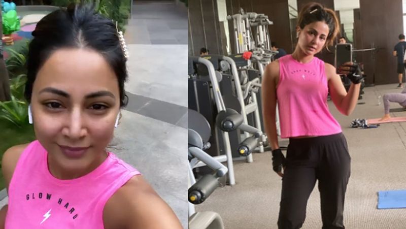 hina khan angry and sweating hard in gym