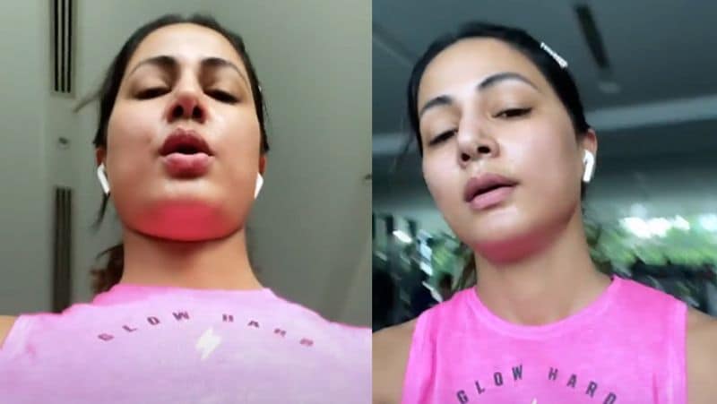 hina khan angry and sweating hard in gym