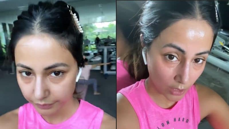 hina khan angry and sweating hard in gym