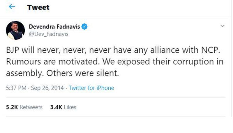 BJP will never, never, never have any alliance with NCP Devendra Fadnavis old tweet went viral again