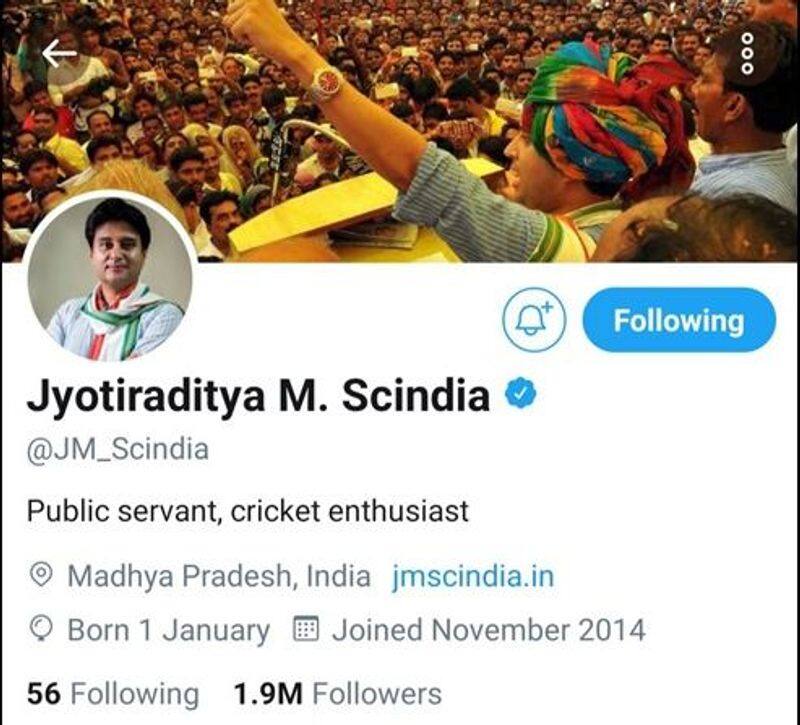Jyotiraditya Scindia Drops Congress Links from Twitter Bio