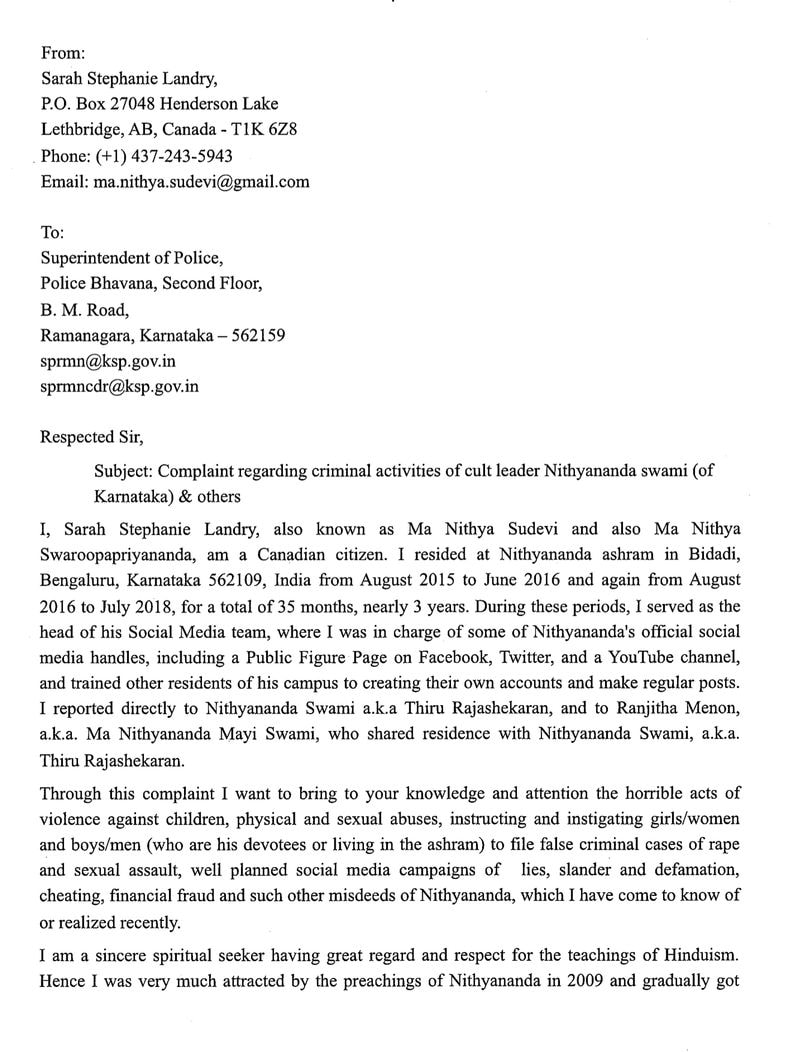 Canadian woman disciple files complaint; alleges horrible acts of violence in Nithyananda's ashram