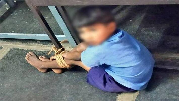 The child wrote the love letter to his principal, She angry & tied to the student from bench The child wrote the love letter to his principal, She angry & tied to the student from bench