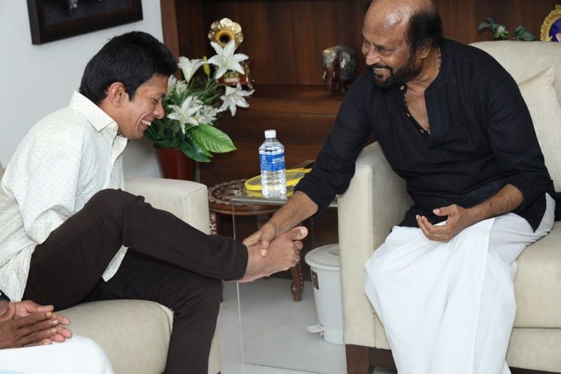 The 21-year-old presented a portrait of Rajini that he had painted which made the veteran hero extremely happy.