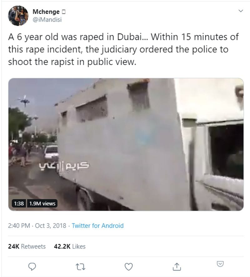 rapist and murderer of 5 yr shot in public execution in yemen shared as Dubai false info