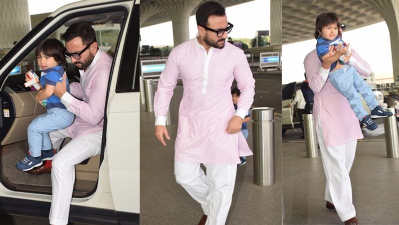 saif ali khan with son taimur ali khan spotted at airport