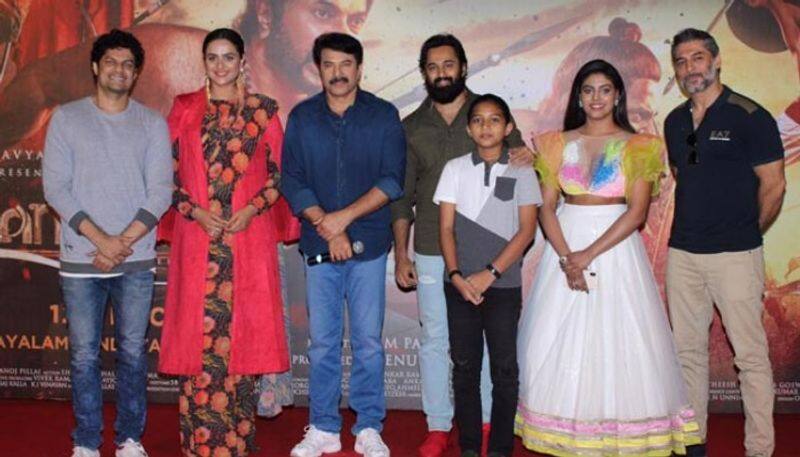 prachi tehlan s stylish look with mammootty in launch of hindi trailer of mamangam