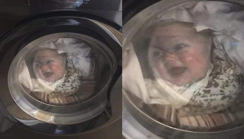when Dad seen his baby s face on washing machine