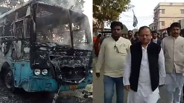 TMC supporters vandise cars and set bus on fire in North Dinajpur TMC supporters vandise cars and set bus on fire in North Dinajpur