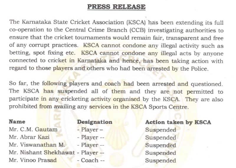 KPL spot fixing Karnataka ban 5 players 1 coach KSCA president Roger Binny statement