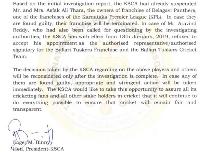 KPL spot fixing Karnataka ban 5 players 1 coach KSCA president Roger Binny statement