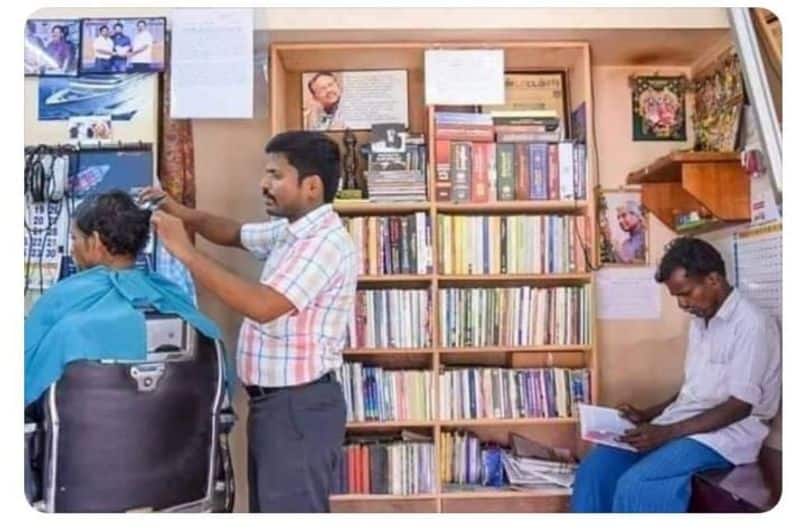 library arranged in the shop by saloon owner in tamilnadu and all wishing him for his new good thought
