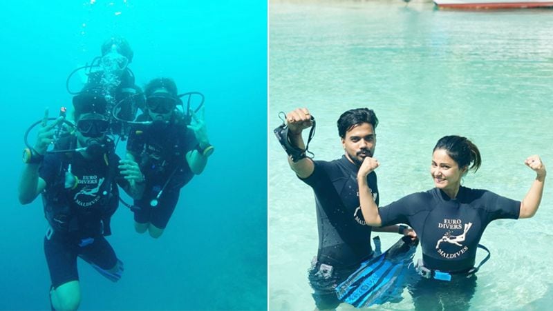 Tv Actress Hina khan Shared latest photos while Diving with Boyfriend rocky jaiswal in maldives KPY