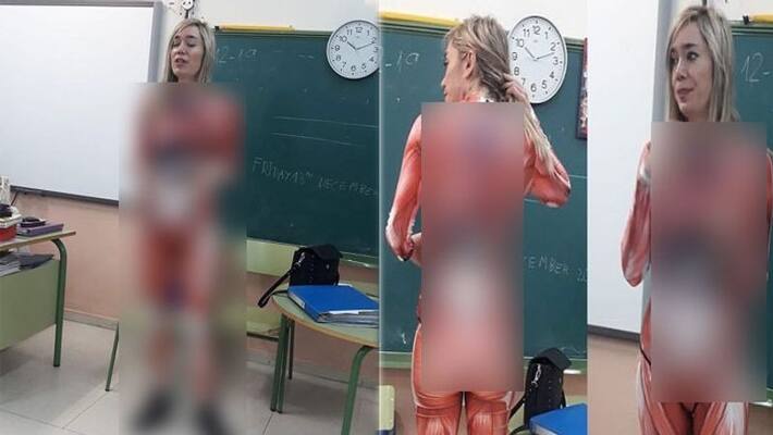 Teacher wears internal organs bodysuit to teach students anatomy Teacher wears internal organs bodysuit to teach students anatomy