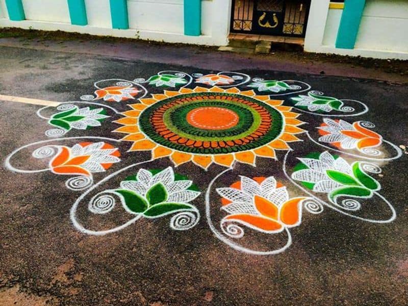 lotus kolam had done by bjp supporters in tamilnadu