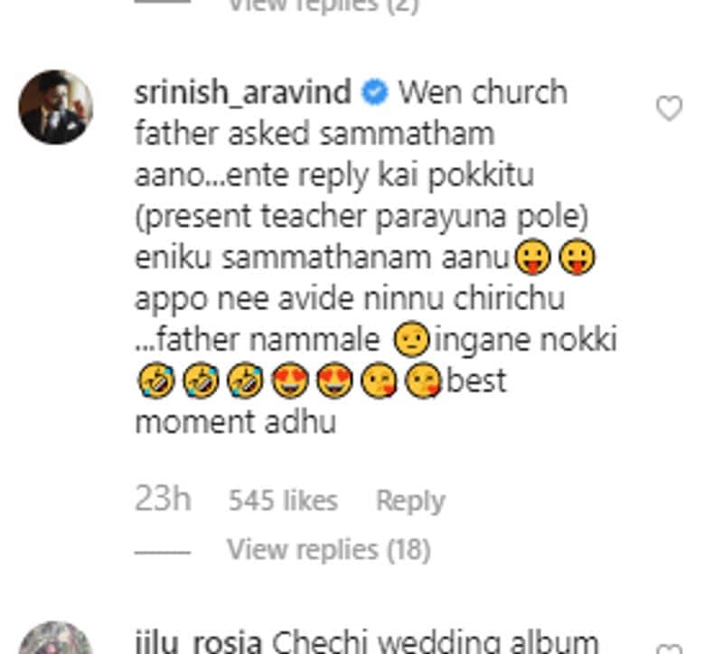 pearle maany instagram post and srinish aravind reply