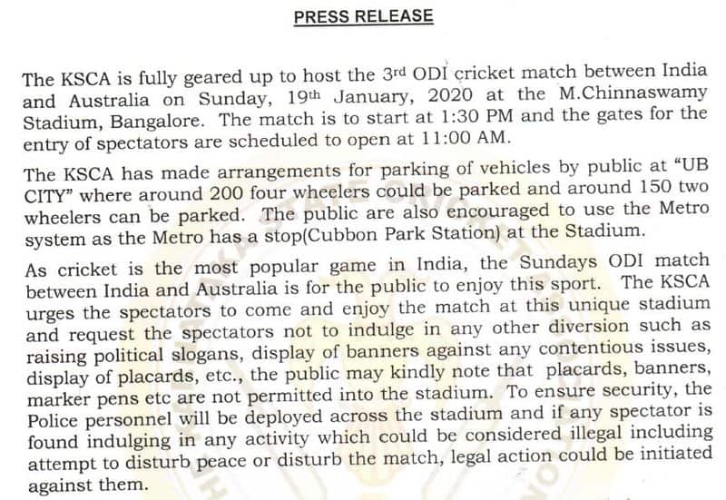 India-Australia 3rd ODI in Bengaluru Full list of items banned inside stadium