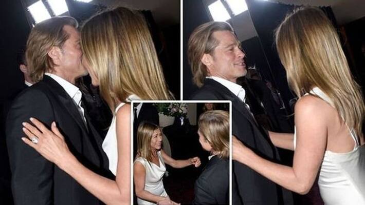 Brad Pitt and Jennifer Aniston giggling backstage Brad Pitt and Jennifer Aniston giggling backstage