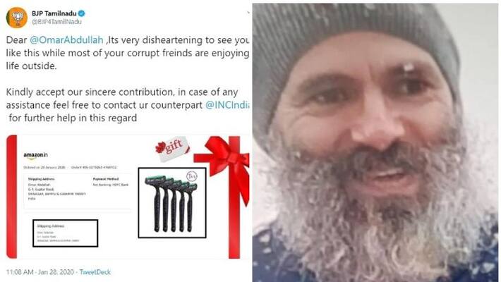 BJP Tamilnadu trolls Omar Abdullah by sending him a set of brand new razor blades to shave his beard BJP Tamilnadu trolls Omar Abdullah by sending him a set of brand new razor blades to shave his beard